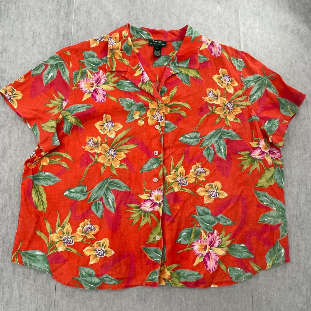 Lauren Ralph Lauren Shirt Womens 3X Orange Floral Linen Button Up Short Sleeve